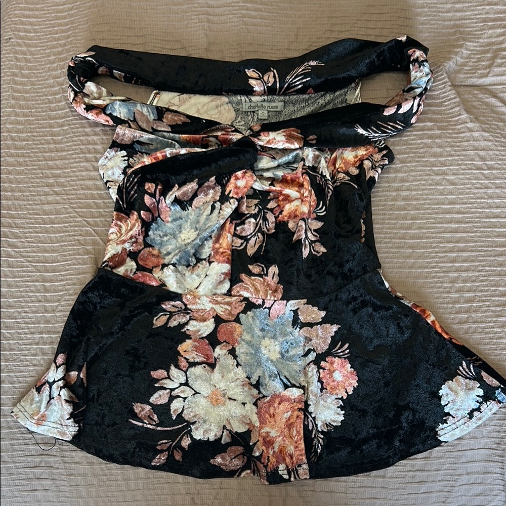 Charlotte Russe Black Floral peplum off the shoulder top office shirt attire